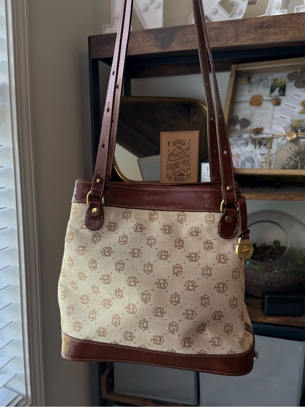 Brahmin Monogram Canvas Leather Brown and Cream Bucket Bag